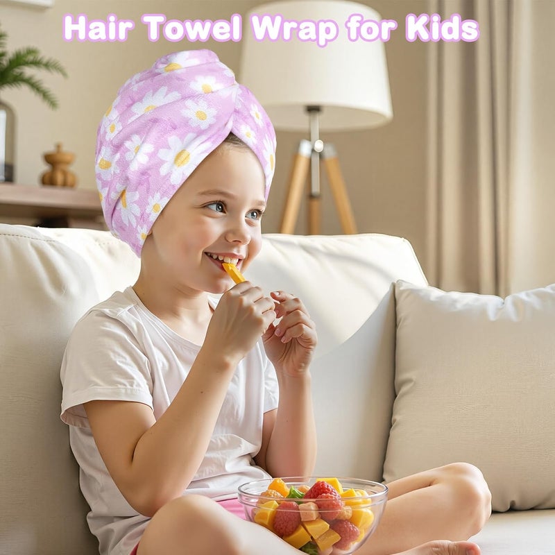 FIOBEE Microfiber Hair Towel Wrap for Kid Rapid Drying Towel Absorbent Hair Turbans for Wet Hair with Button Women Girls Long Curly Hair Pack of 2, Pink/Purple Flowers - Image 5